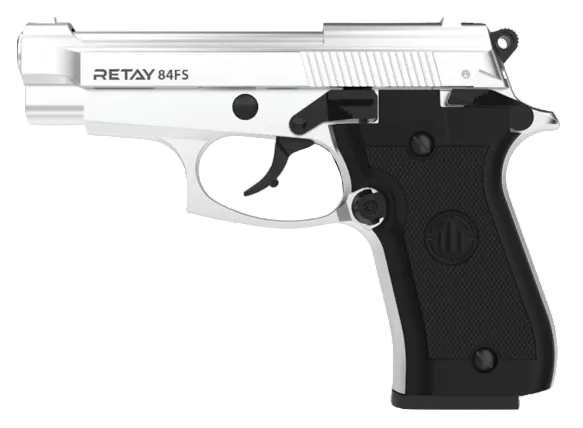 Retay 84FS Chrome full‑metal 9mm P.A.K blank‑firing pistol with 15+1 capacity
