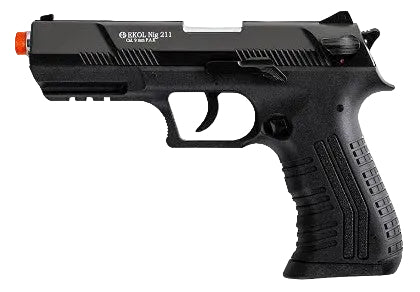 A black replica semi-automatic pistol, identified as a GLOCK No. 211 by the slide marking, featuring a bright orange safety tip on the muzzle and a textured black grip, shown against a plain white background.