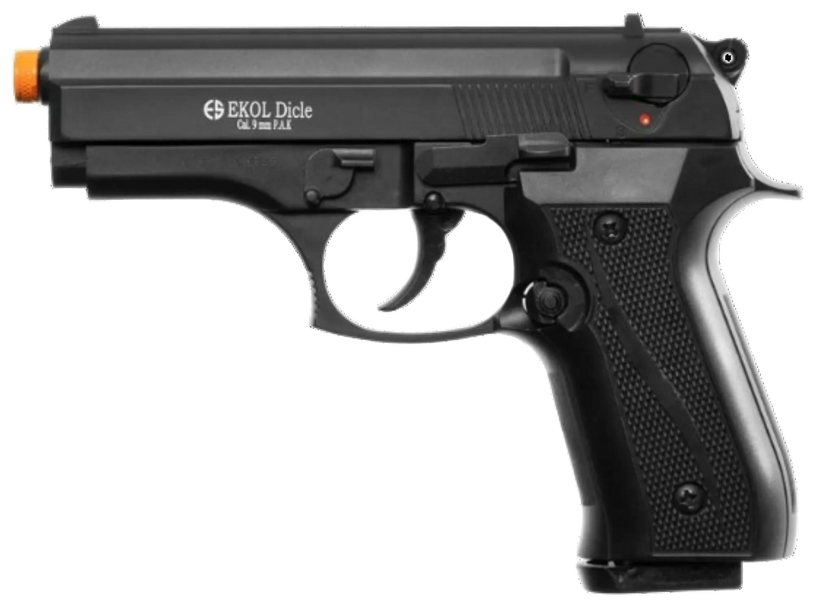 Black airsoft gun with visible branding on a white background