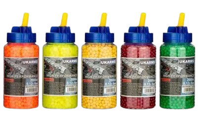 2000‑count .12g 6mm airsoft BBs in a quickload bottle, assorted colors displayed in a clean tactical product layout