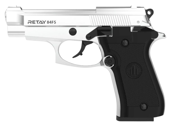 Retay 84FS Chrome full‑metal 9mm P.A.K blank‑firing pistol with 15+1 capacity
