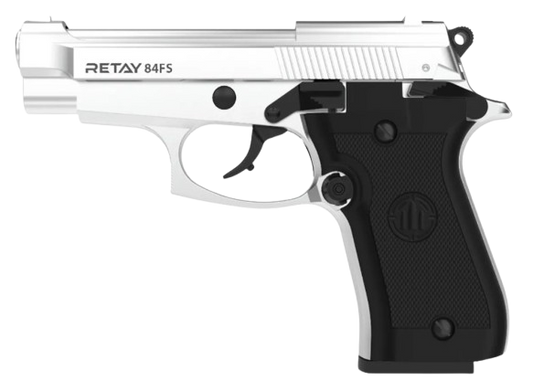Retay 84FS Chrome full‑metal 9mm P.A.K blank‑firing pistol with 15+1 capacity