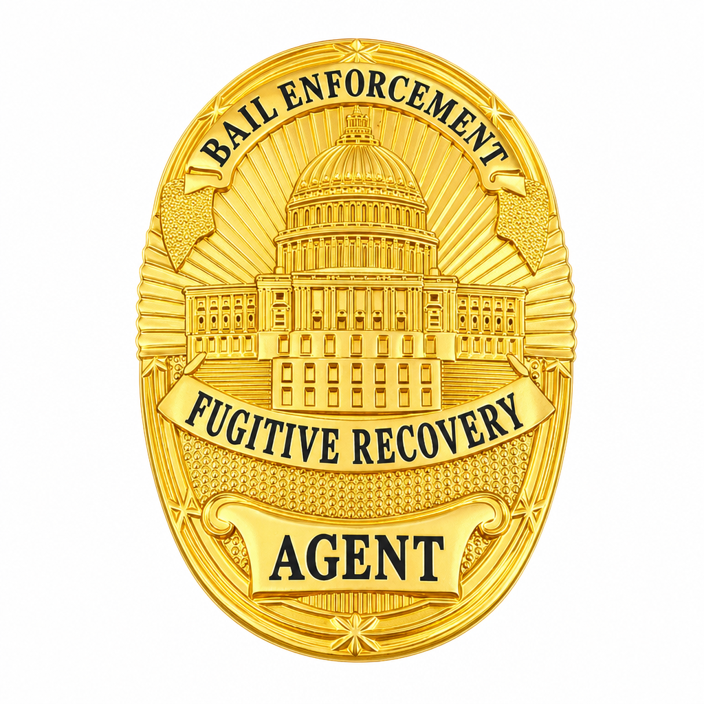 A gold-colored oval badge featuring a detailed embossed illustration of the U.S.