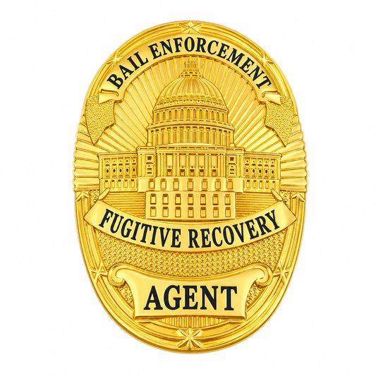 A gold-colored oval badge featuring a detailed embossed illustration of the U.S.