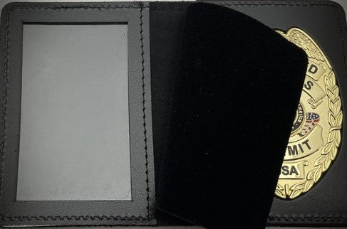 Concealed carry permit badge gold finish with leather ID holder showing ID slot size