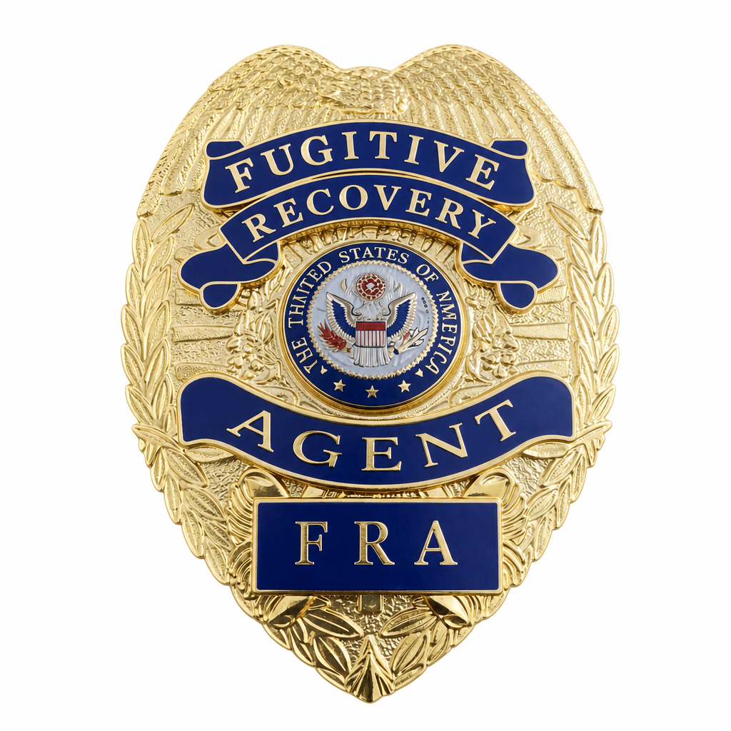 A gold-colored FRA (Fugitive Recovery Agent) badge shaped like an eagle's wings, featuring blue enamel banners with gold lettering and a central United States seal.