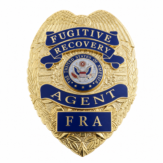 A gold-colored FRA (Fugitive Recovery Agent) badge shaped like an eagle's wings, featuring blue enamel banners with gold lettering and a central United States seal.