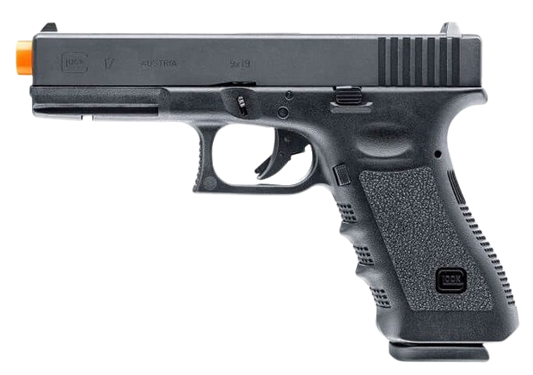Glock G17 Gen 4 GBB 6mm airsoft pistol displayed in a clean tactical layout, full‑size replica with polymer frame and metal slide