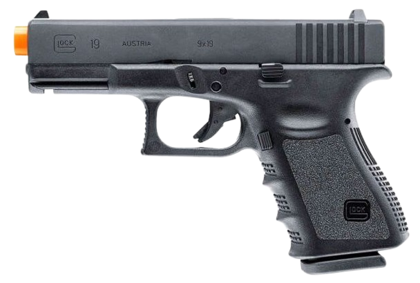 Glock G19 Gen 3 GBB 6mm airsoft pistol displayed in a clean tactical layout, compact replica with polymer frame and metal slide