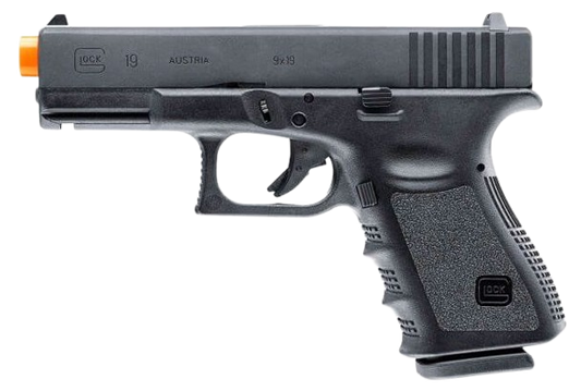 Glock G19 Gen 3 GBB 6mm airsoft pistol displayed in a clean tactical layout, compact replica with polymer frame and metal slide