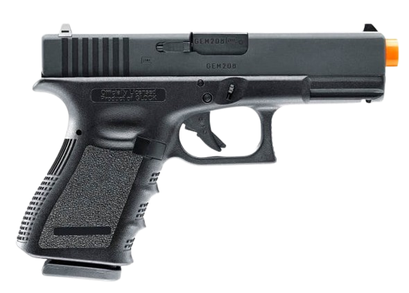 Glock G19 Gen 3 GBB 6mm airsoft pistol displayed in a clean tactical layout, compact replica with polymer frame and metal slide
