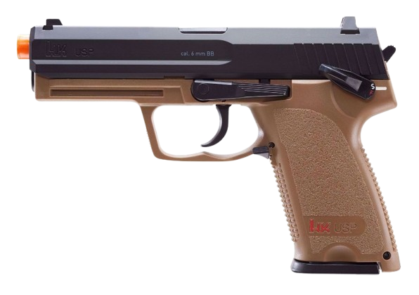 HK USP CO2‑powered 6mm airsoft pistol with black polymer frame and licensed Heckler & Koch markings