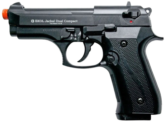 A black EKOL Jackal Dual Compact airsoft pistol with a bright orange tip, shown from a side profile on a white background.