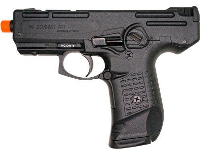 A black airsoft pistol toy with an orange tip, featuring molded details and the text 'PI. ZORAKI 929' on the slide, shown against a plain white background.