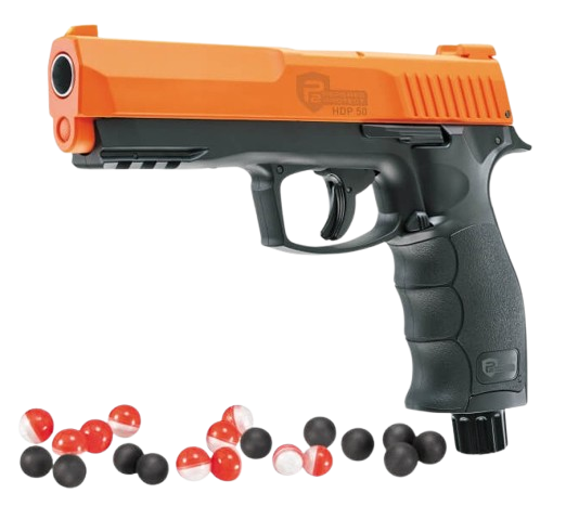 Orange and black paintball gun with colorful paintballs on a white background