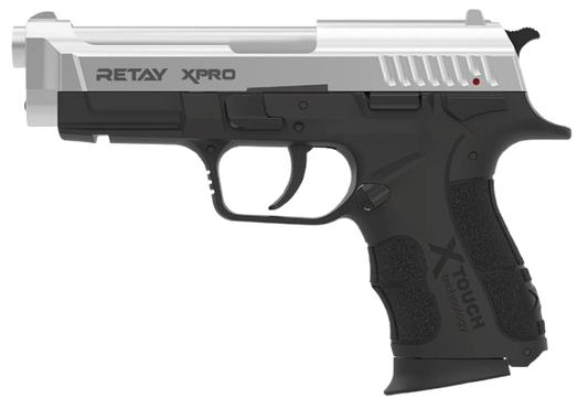 Retay XPRO Chrome Combo 9mm P.A.K front‑firing blank gun with 14+1 capacity