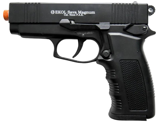 A black EKOL Sava Magnum Cal. 9mm PAF pistol with an orange safety tip, shown from a side profile on a white background.