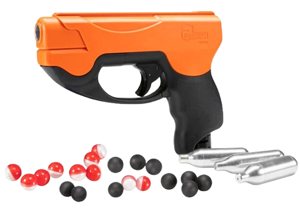 Orange and black air gun with red and white capsules and black capsules on a white background
