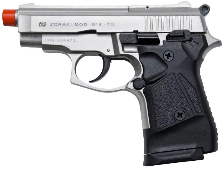 A Zoraki Mod 914 TD replica pistol with a silver metallic slide, black textured grip, and an orange tip, shown against a plain white background.