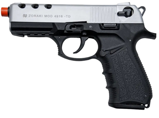 A Zoraki Mod 4918 TD semi-automatic airsoft pistol with a silver metallic slide, black textured grip, and an orange tip, shown against a plain white background.