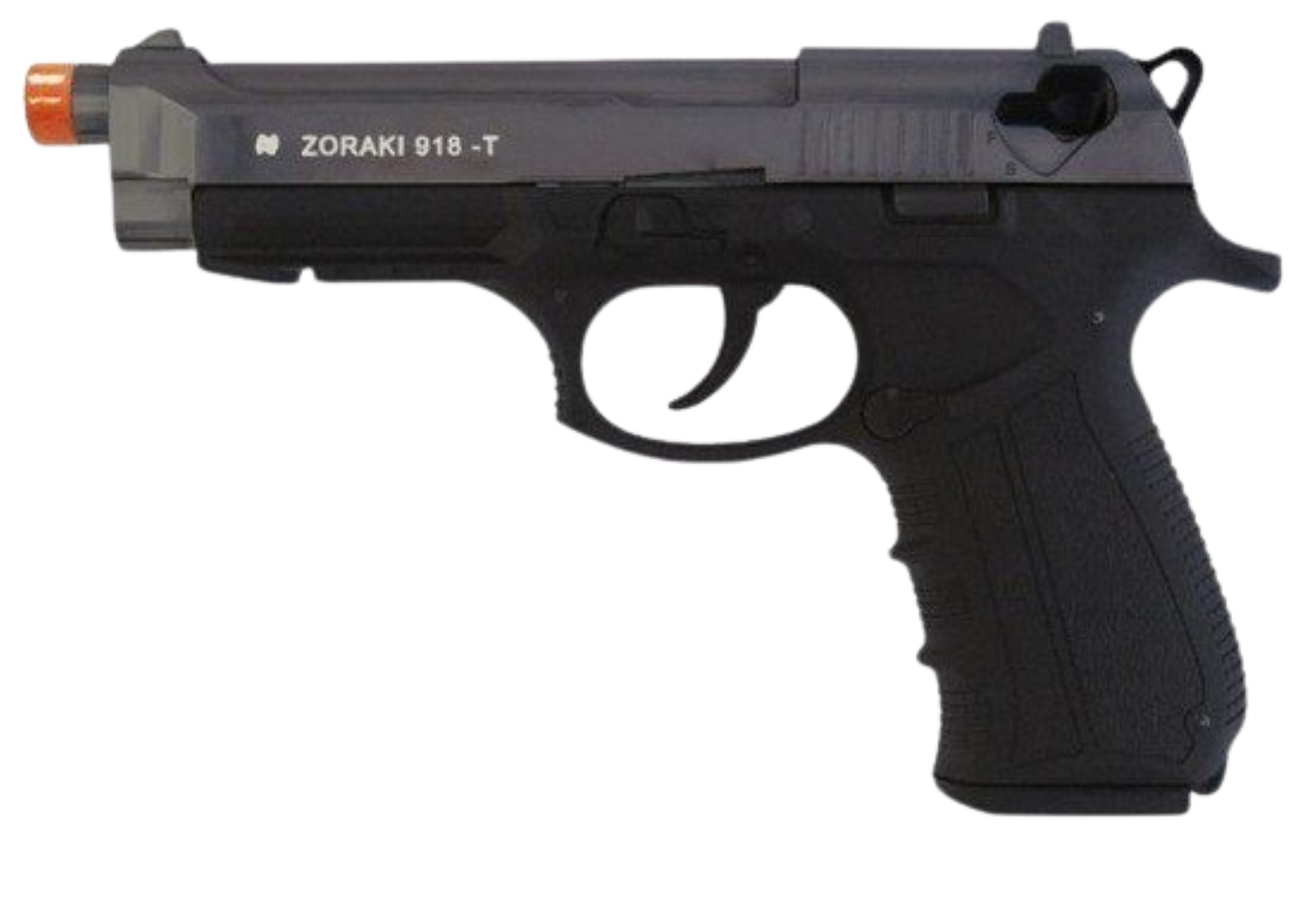 “Zoraki M918 front‑firing 9mm PAK blank gun pistol in fume two‑tone finish with orange tip.”