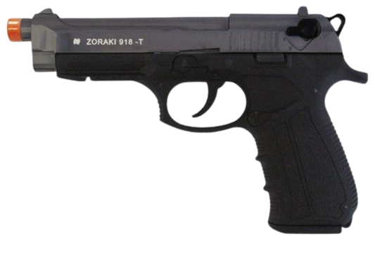 “Zoraki M918 front‑firing 9mm PAK blank gun pistol in fume two‑tone finish with orange tip.”