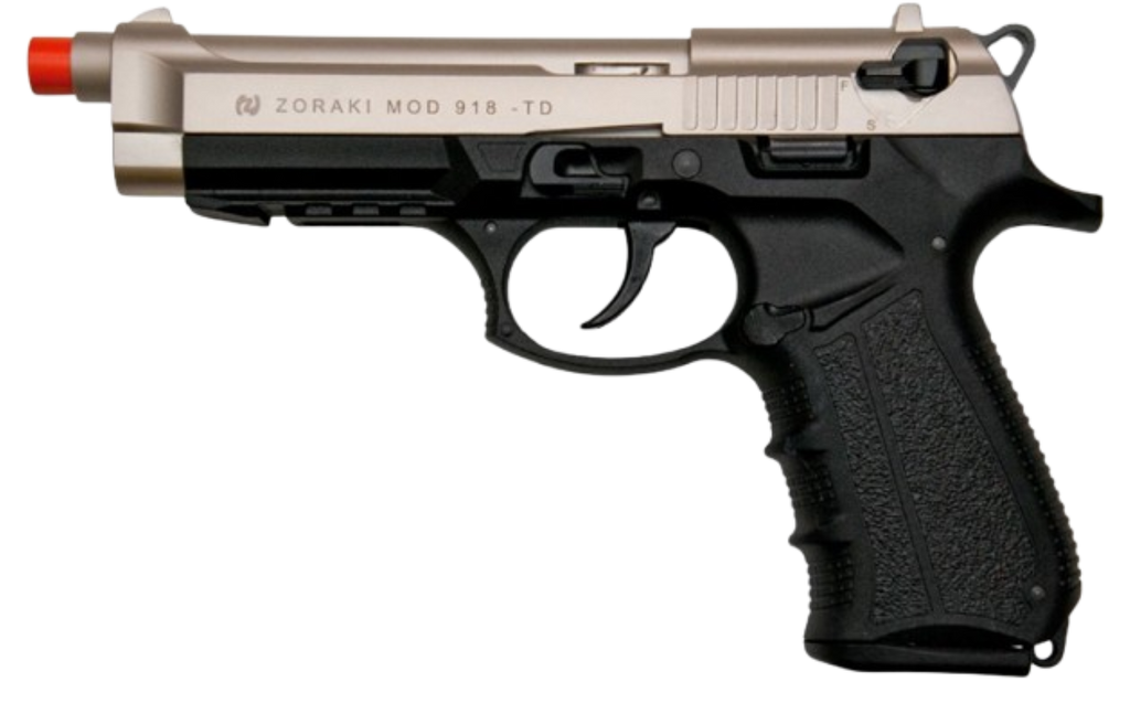 “Zoraki M918 front‑firing 9mm PAK blank gun pistol in satin two‑tone finish with orange tip.”