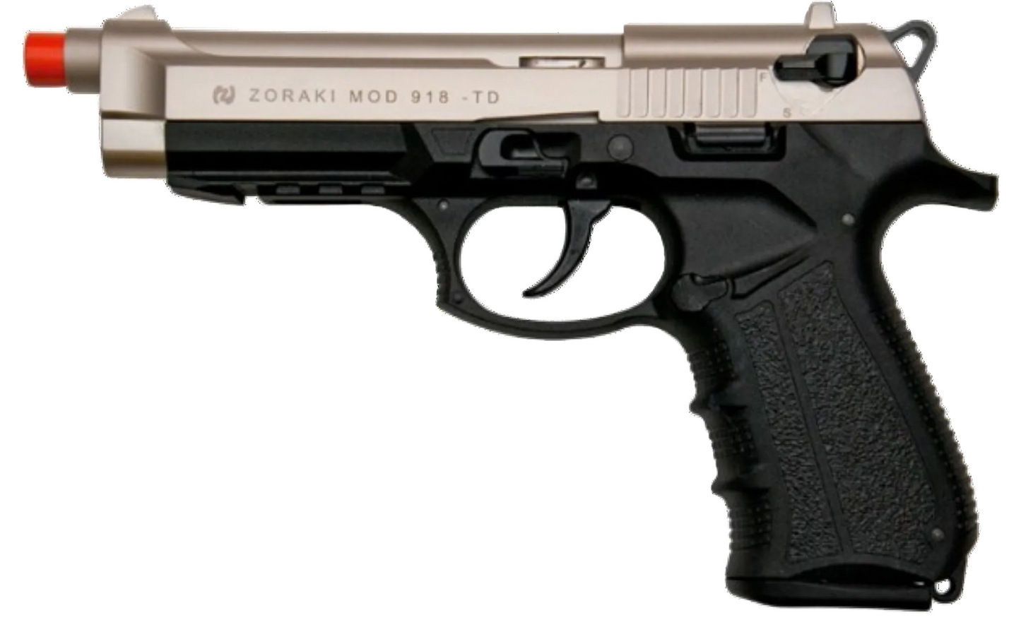 “Zoraki M918 front‑firing 9mm PAK blank gun pistol in satin two‑tone finish with orange tip.”