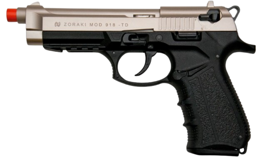 “Zoraki M918 front‑firing 9mm PAK blank gun pistol in satin two‑tone finish with orange tip.”