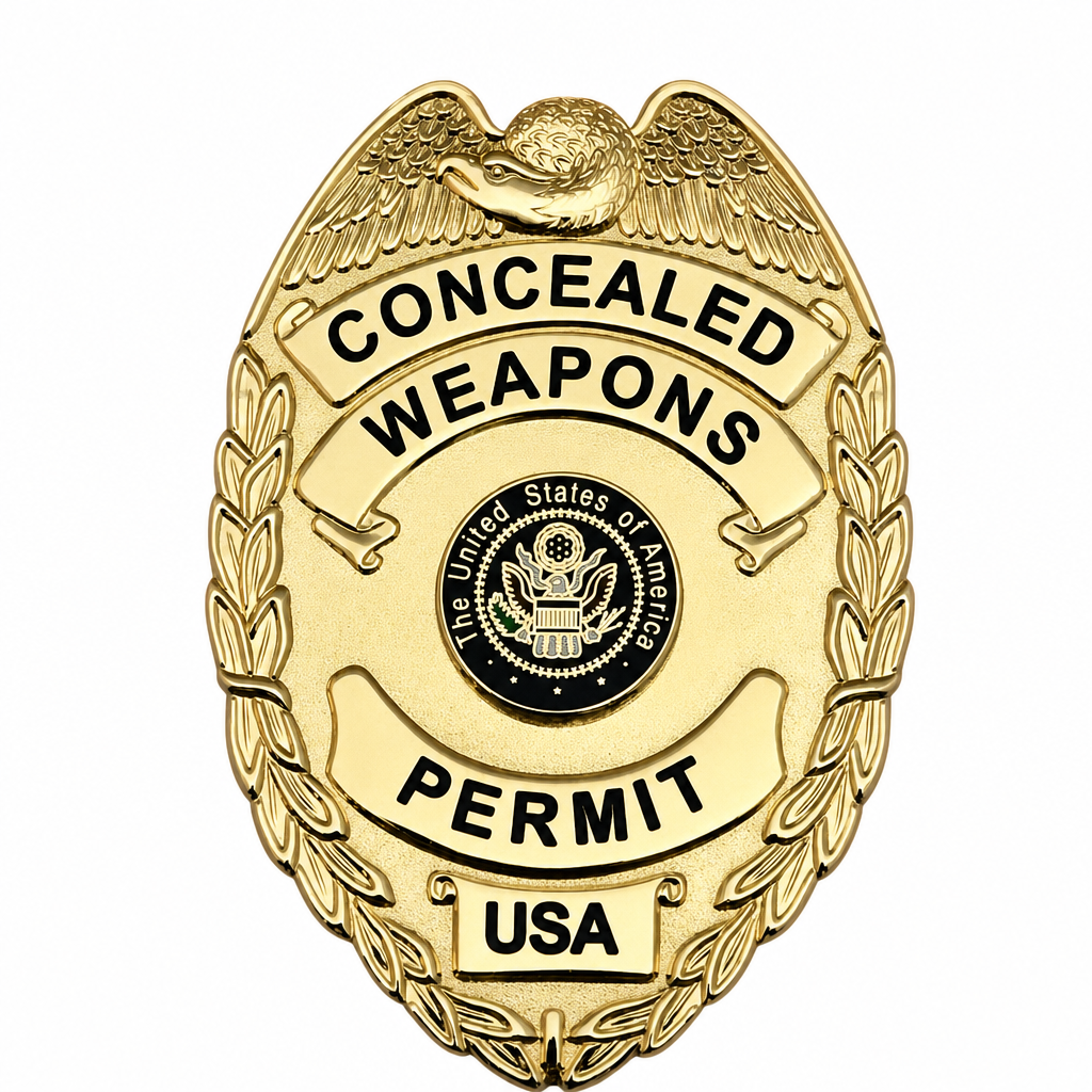 A gold-colored concealed weapons permit badge with black lettering and a central United States emblem, isolated on a white background.