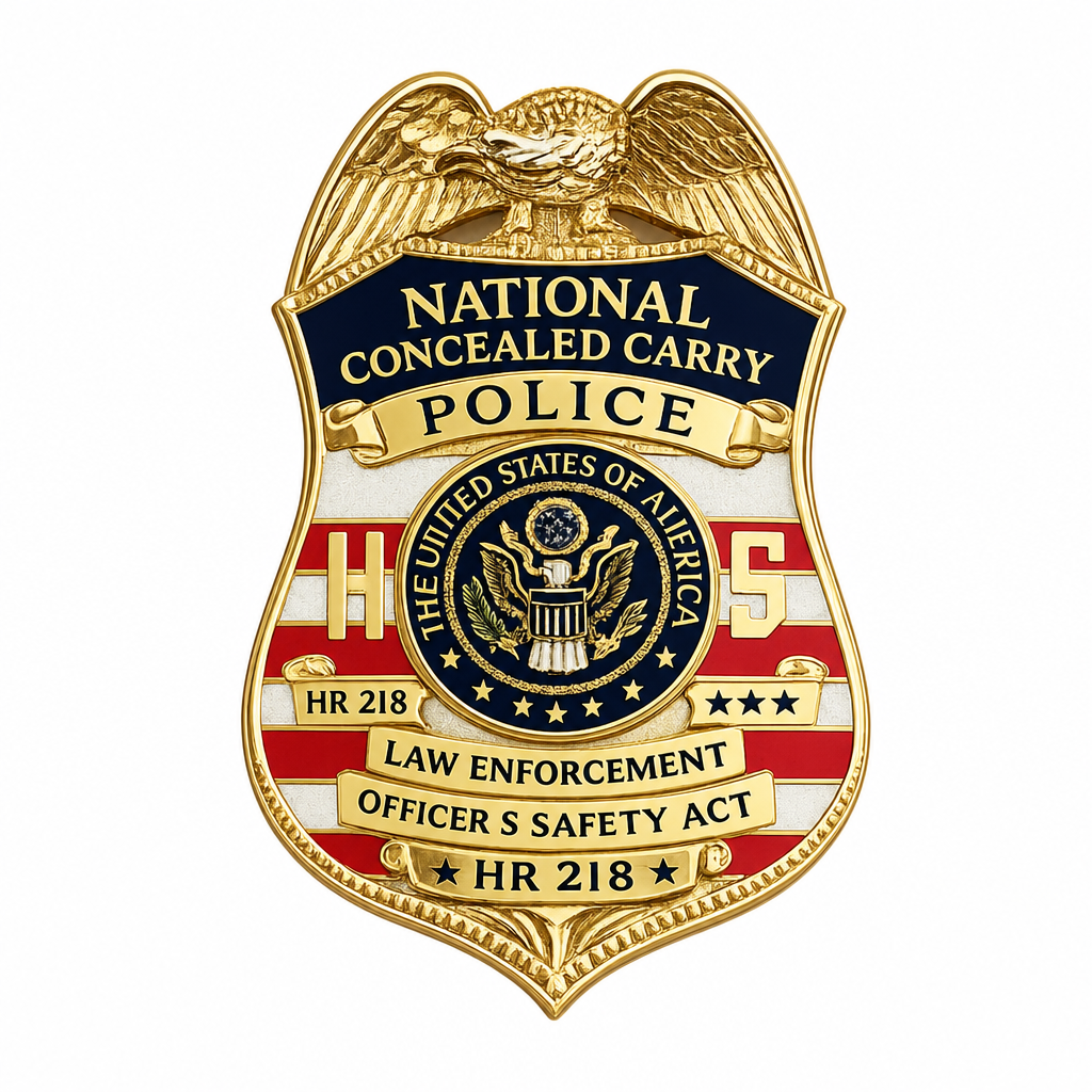 A gold-colored National Concealed Carry Police badge featuring red and white stripes, a navy blue banner, and the United States of America seal in the center, shown on a plain white background.