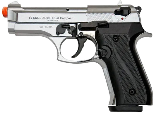 A silver and black EKOL Jackal Dual Compact airsoft pistol with an orange tip, shown against a plain white background.