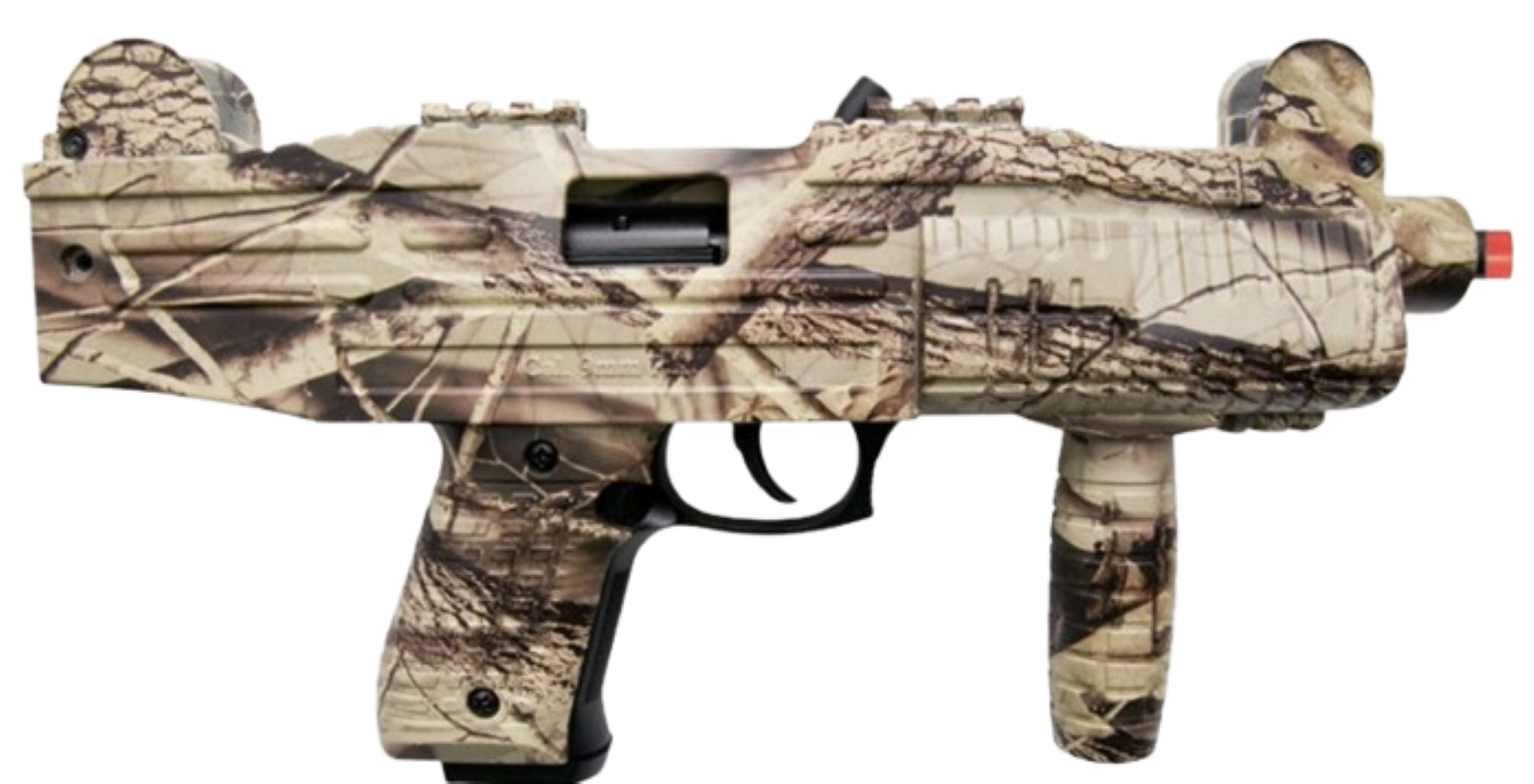 Camouflage-patterned toy gun on a white background