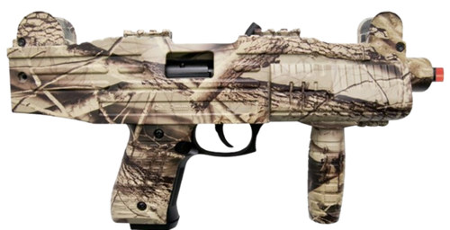 Camouflage-patterned toy gun on a white background