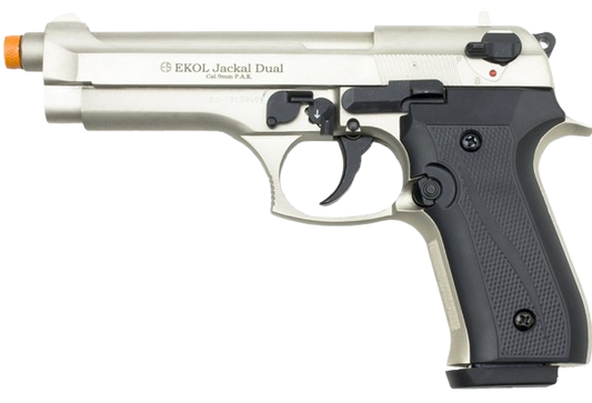 The Jackal front‑firing blank gun modeled after the 92‑series pistol with steel‑alloy frame and realistic full‑weight design.
