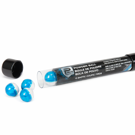 A clear tube labeled 'Powder Ball' containing blue and white spherical pellets, shown with three loose blue-and-white balls and a black cap on a white background.