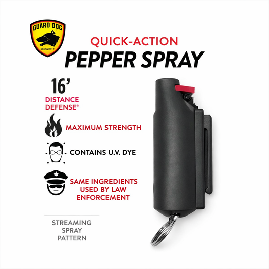 A black quick-action pepper spray canister with a red top button and a metal key ring, shown on a white background with Guard Dog branding and feature callouts.