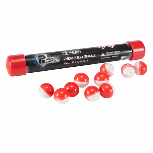 A tube of Prepared Protect T-64 Pepper Ball ammunition with several red-and-white split balls scattered in front on a white background.