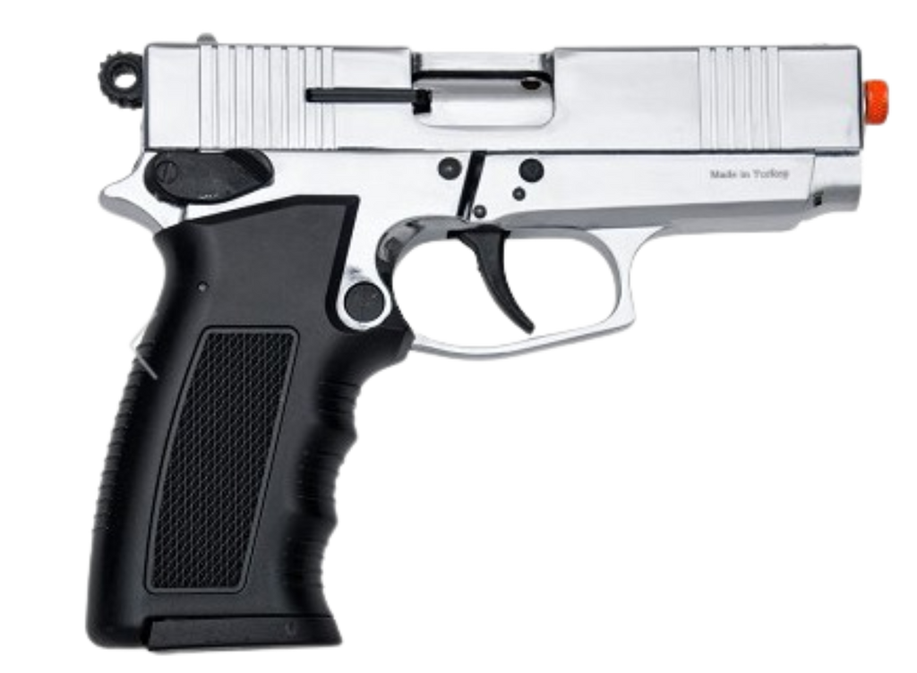 Silver and black handgun on a white background