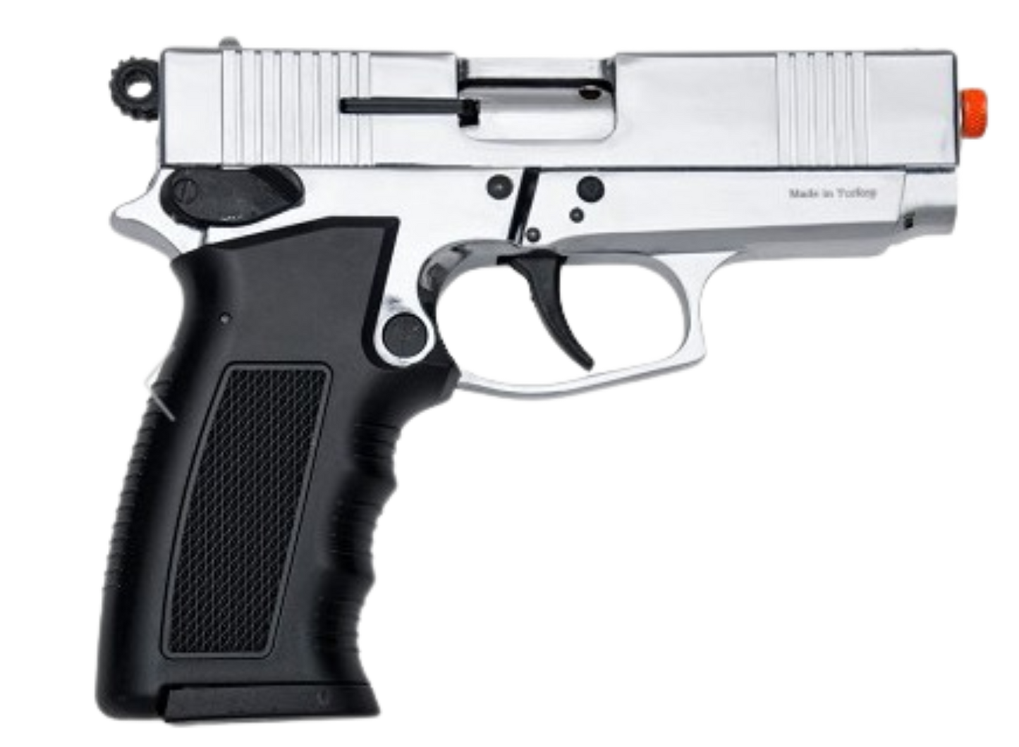 Silver and black handgun on a white background