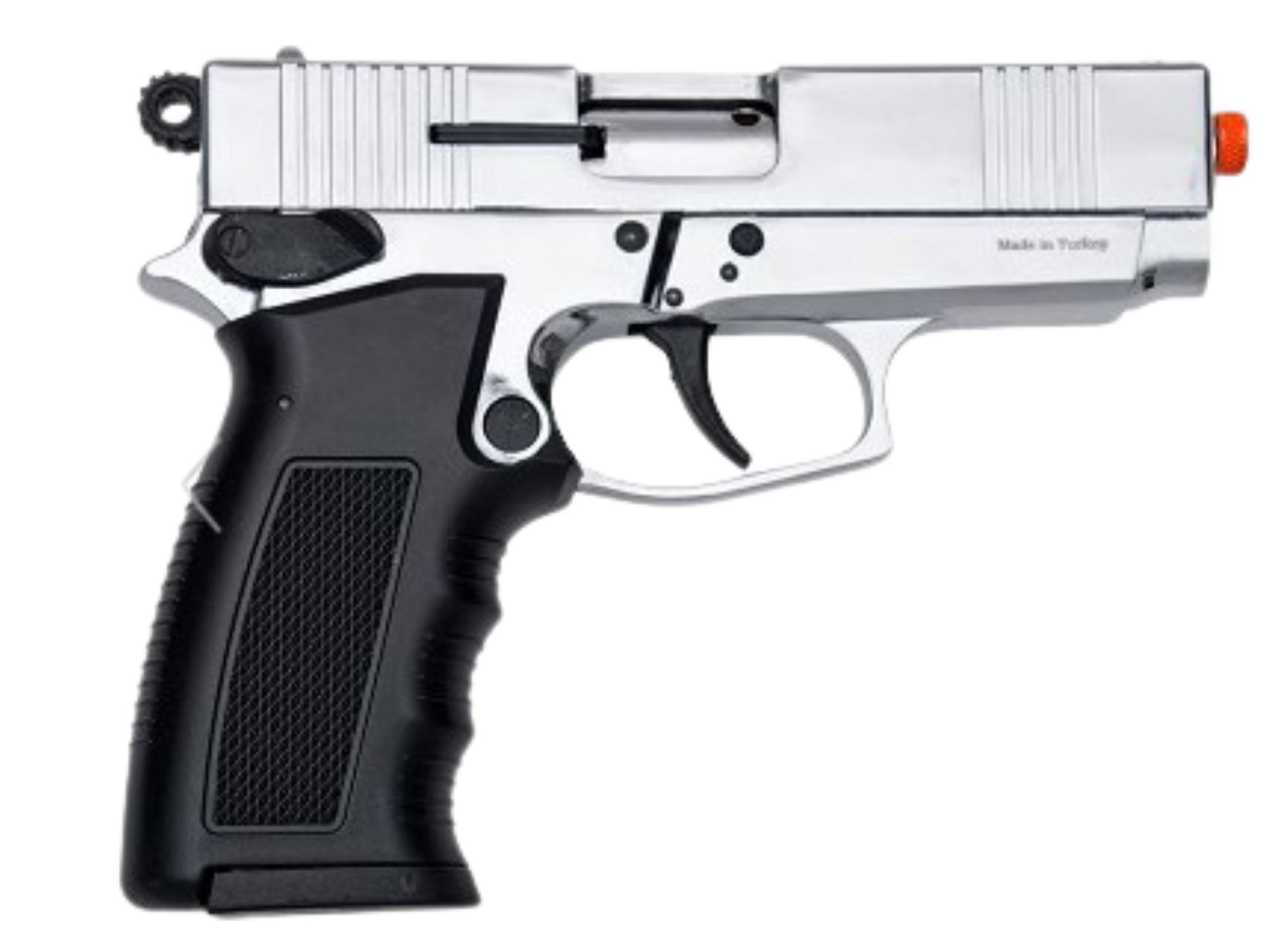 Silver and black handgun on a white background
