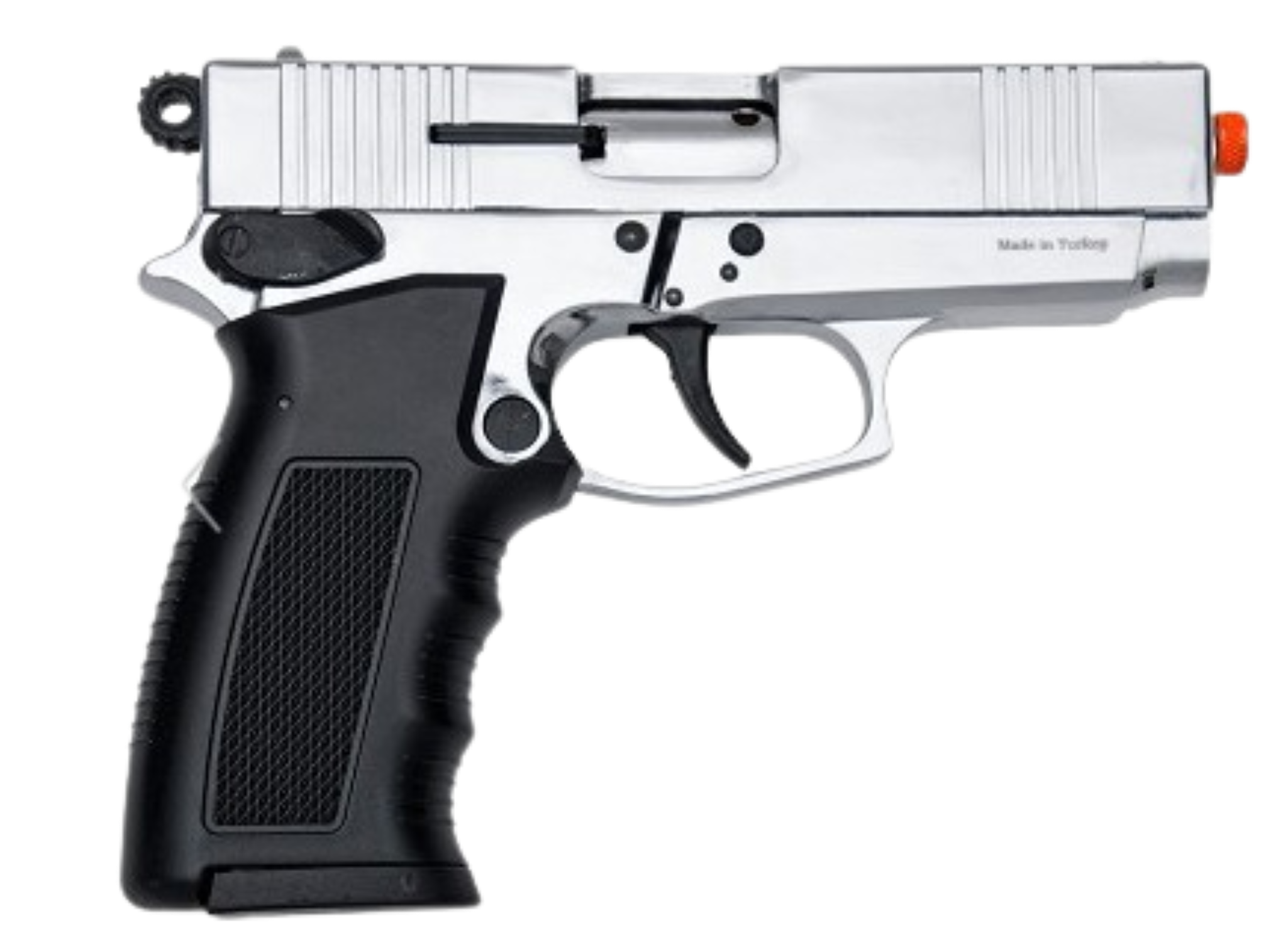 Silver and black handgun on a white background