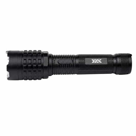 A black tactical flashlight with a textured grip, a side switch, and a silver logo on the barrel, shown against a plain white background.