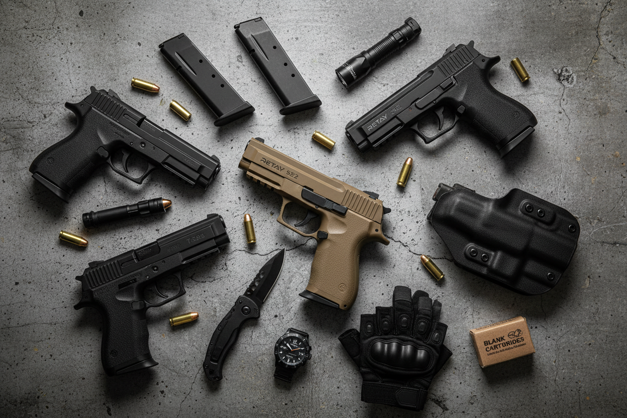 Tactical flat-lay collection of Retay blank pistols on concrete