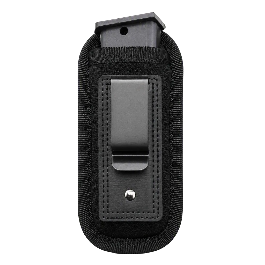 A black nylon magazine pouch with a black plastic belt clip and a black magazine partially inserted, shown on a plain light gray background.
