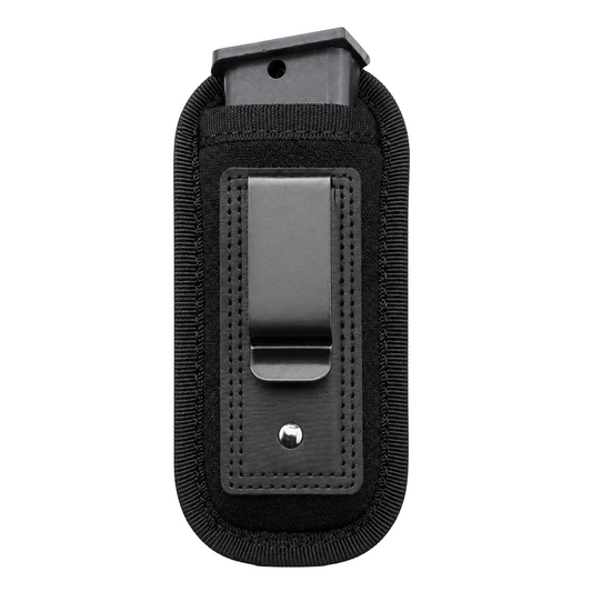 A black nylon magazine pouch with a black plastic belt clip and a black magazine partially inserted, shown on a plain light gray background.