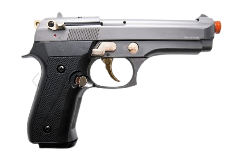 Airsoft gun with black grip and silver slide on a white background