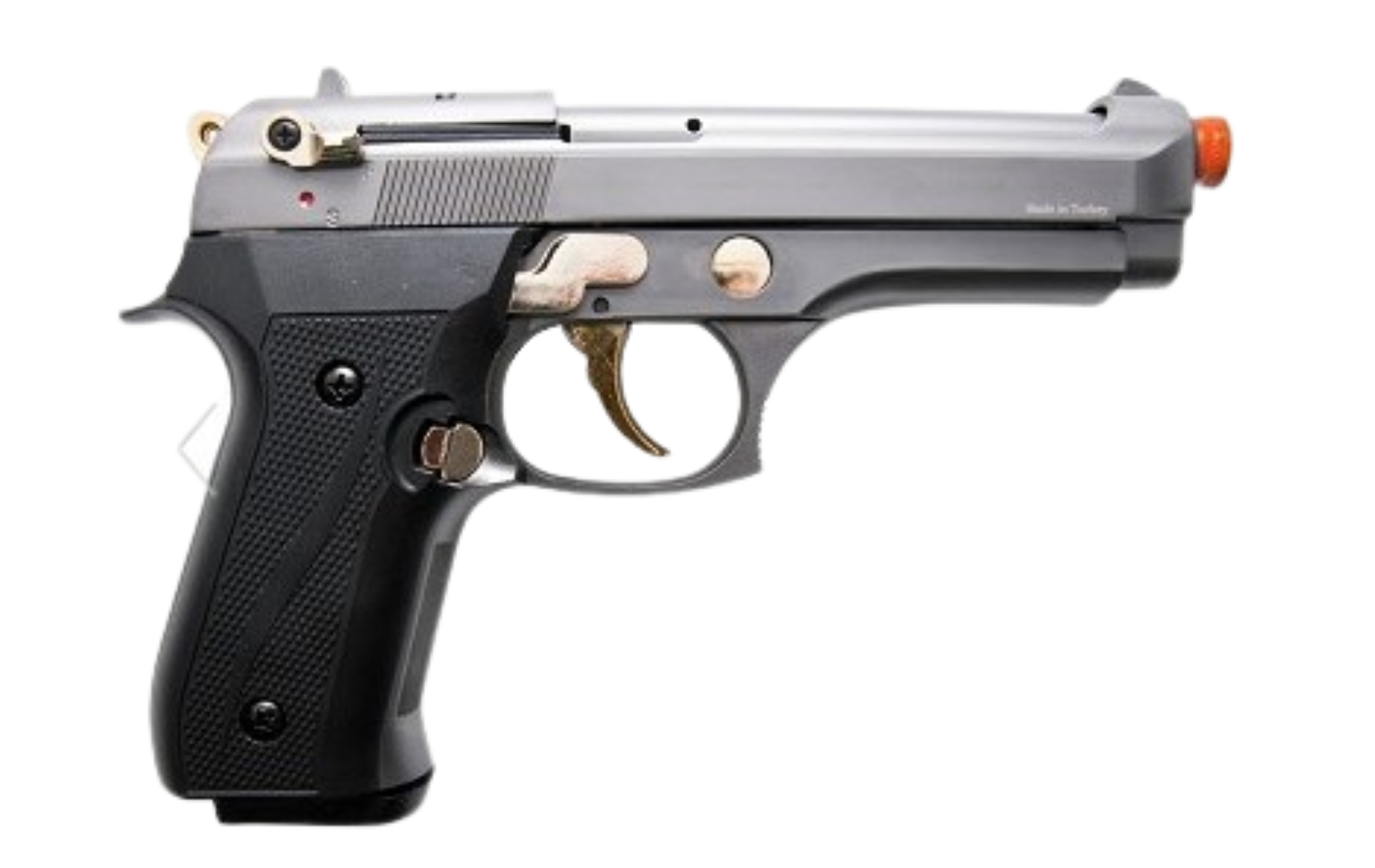 Airsoft gun with black grip and silver slide on a white background