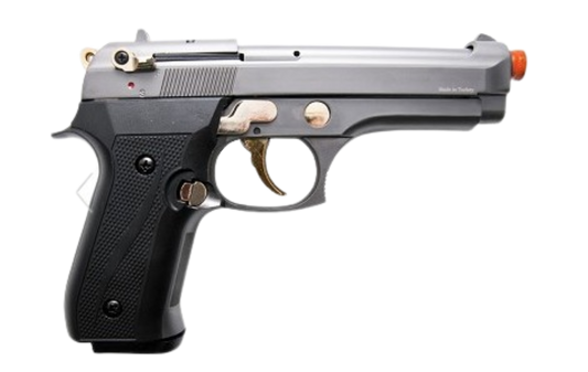 Airsoft gun with black grip and silver slide on a white background