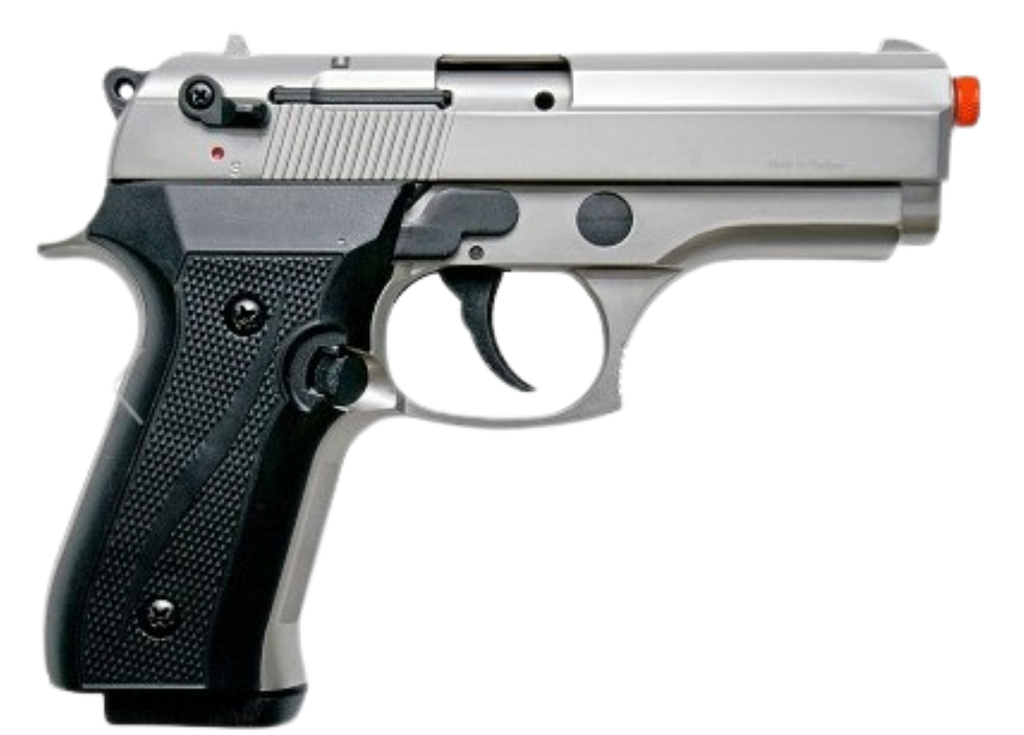 Pistol with black grip and silver body on a white background